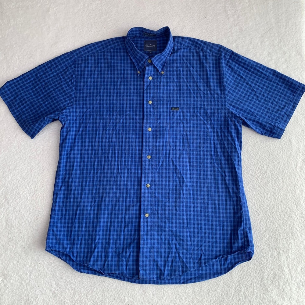Faconnable Button Down T-Shirt Mens XL Gingham Check Pocket 100% Cotton Blue